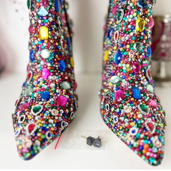 Akira Azalea Wang Poppy Multi Jeweled Stiletto Heel Ankle Booties Size 12 NWT - Picture 15 of 16